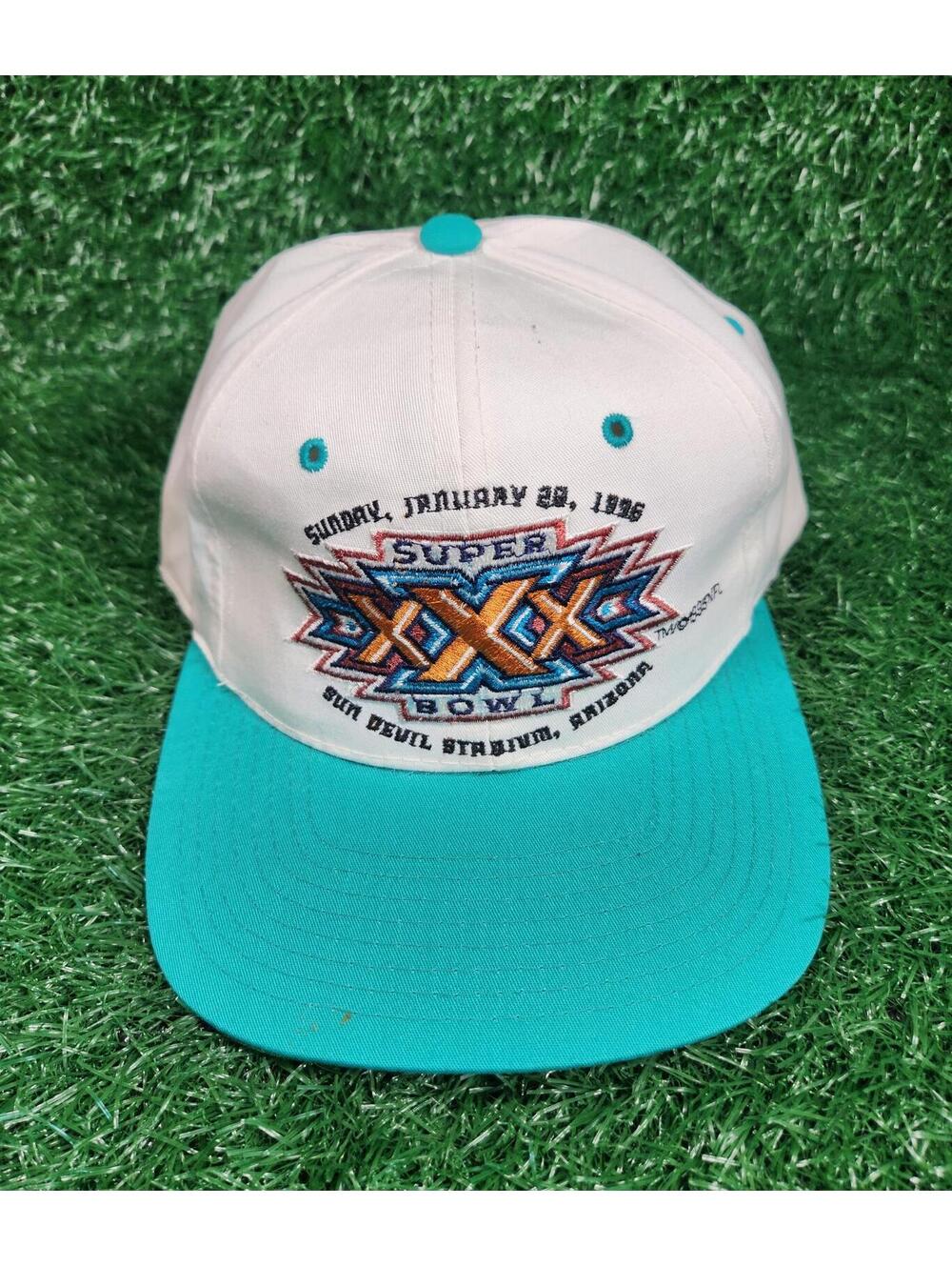Vntg 90's Super Bowl XXX Sun Devil Stadium Snapback Hat 1996 NFL - White/Aqua